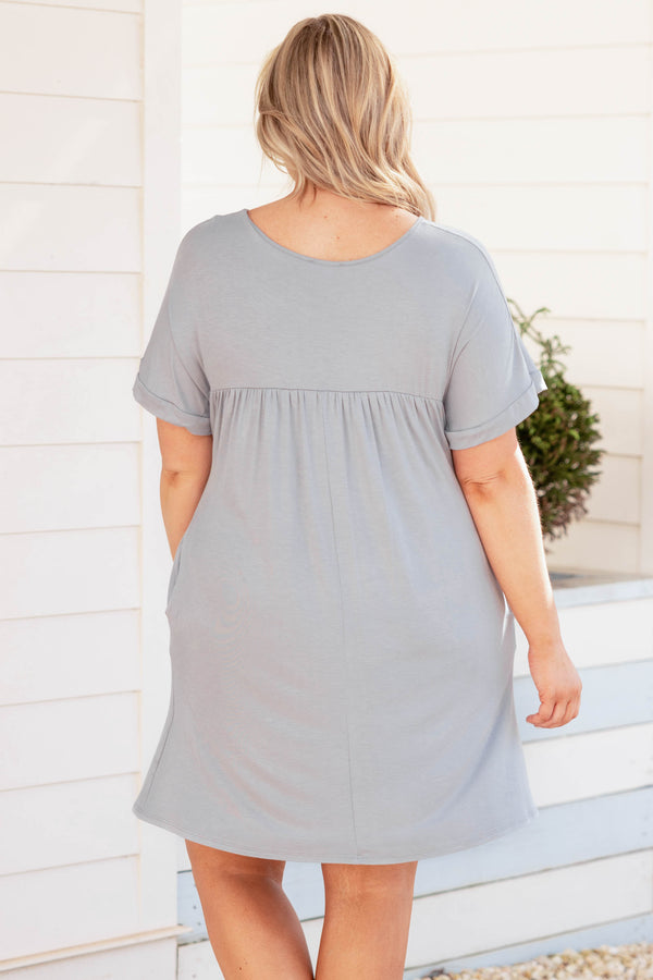 Chic Soul plus size clothing, silver grey short sleeve with pockets casual babydoll dress