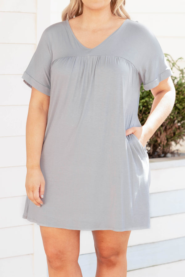Chic Soul plus size clothing, silver grey short sleeve with pockets casual babydoll dress