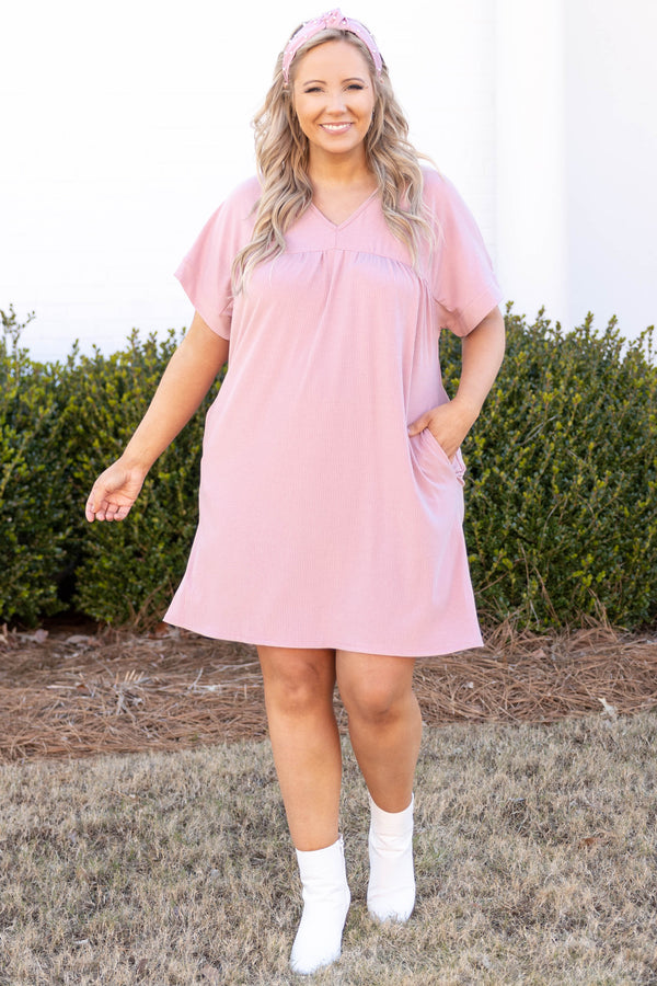 Chic Soul plus size clothing, pink short sleeve v neck babydoll casual dress