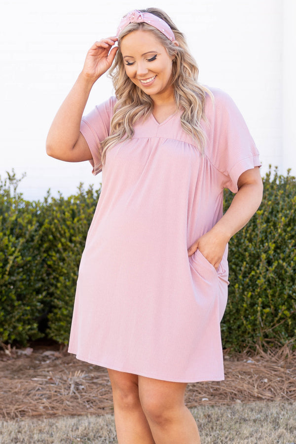 Chic Soul plus size clothing, pink short sleeve v neck babydoll casual dress