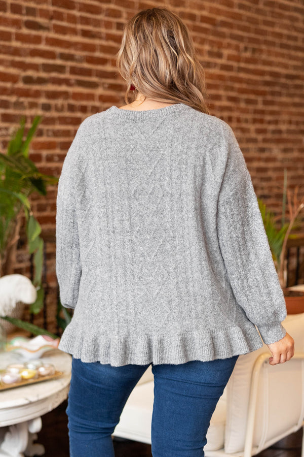 Chic Soul plus size clothing, gray long sleeves ruffle hem sweater