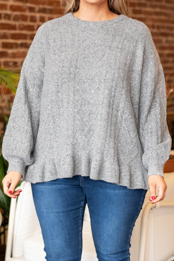 Chic Soul plus size clothing, gray long sleeves ruffle hem sweater