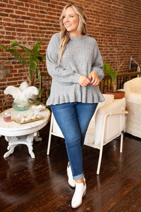 Chic Soul plus size clothing, gray long sleeves ruffle hem sweater