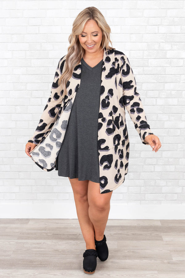 Chic Soul plus size clothing, taupe cheetah cardigan