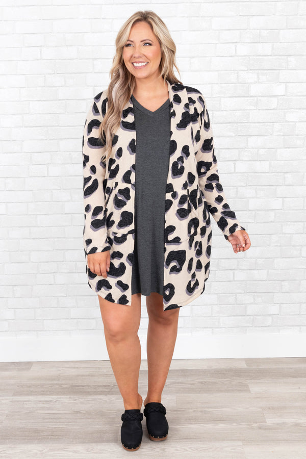 Chic Soul plus size clothing, taupe cheetah cardigan