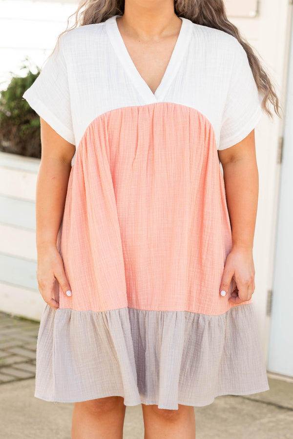Chic Soul plus size clothing, blush ivory mocha colorblock short sleeve casual babydoll dress