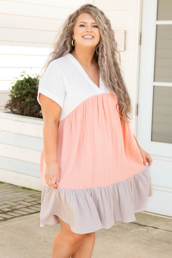 Chic Soul plus size clothing, blush ivory mocha colorblock short sleeve casual babydoll dress