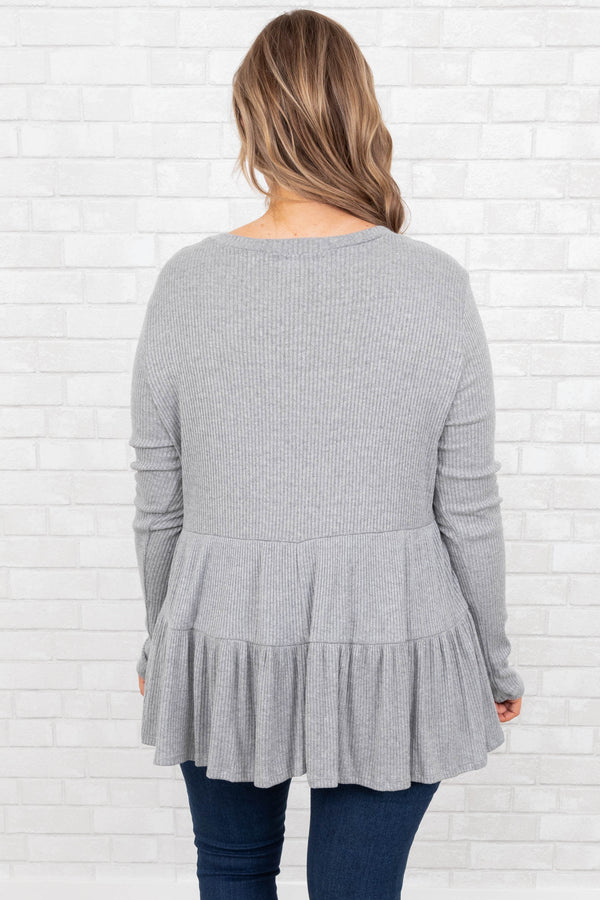 Chic Soul plus size clothing, heather grey babydoll style top with ruffle hemline