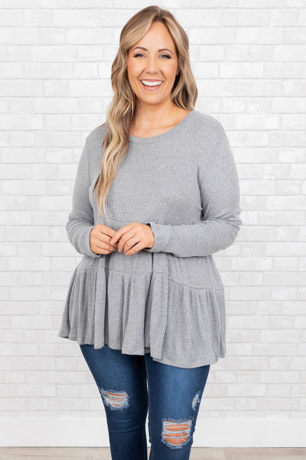 Chic Soul plus size clothing, heather grey babydoll style top with ruffle hemline