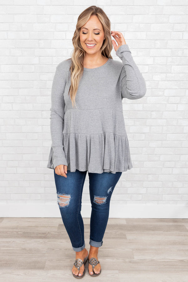 Chic Soul plus size clothing, heather grey babydoll style top with ruffle hemline