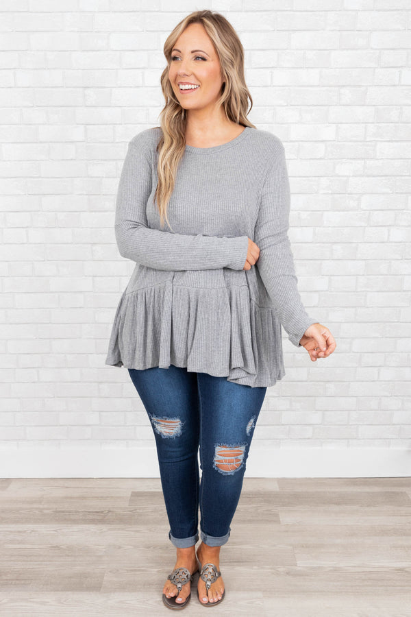 Chic Soul plus size clothing, heather grey babydoll style top with ruffle hemline