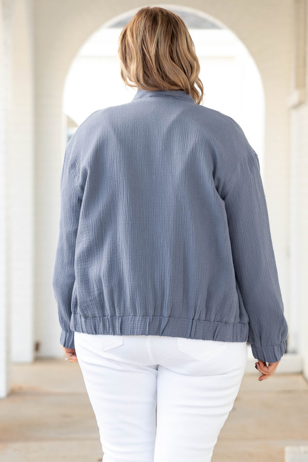 Chic Soul plus size clothing, denim blue ribbed jacket with snap buttons