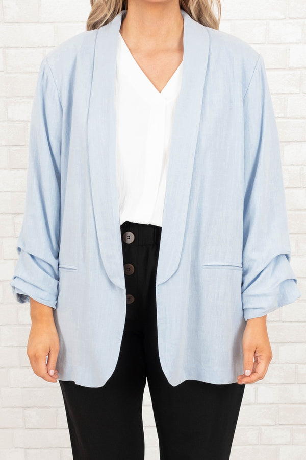 Chic Soul plus size clothing, light blue blazer jacket with quarter length sleeves