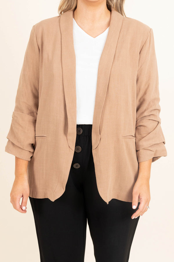 Chic Soul plus size clothing, light mocha blazer jacket with quarter length sleeves