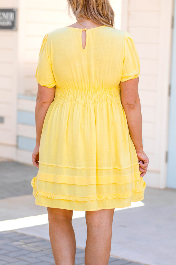 Chic Soul plus size clothing, yellow scalloped neckline dress with smocked waistline