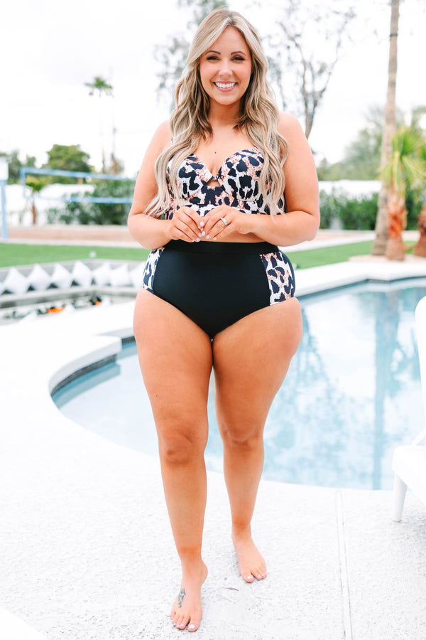 Chic Soul plus size clothing, leopard and black high waisted swim bottom